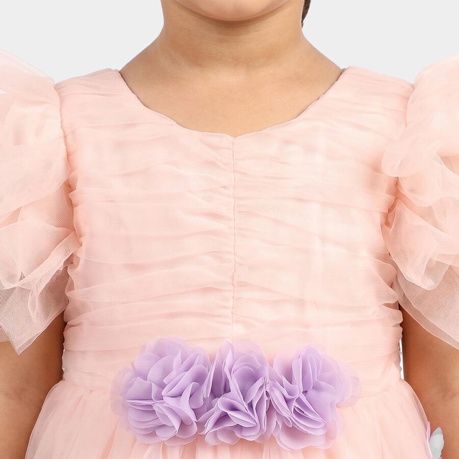 Girls' Pink Fit and Flare 3D Floral Applique Party Wear Frock, Light Pink, large