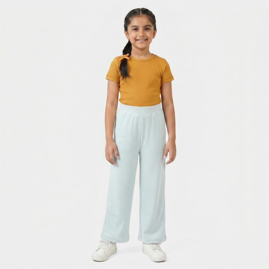 Girls' Light Blue Relaxed Fit Ribbed Palazzo Pyjama, Light Blue, large