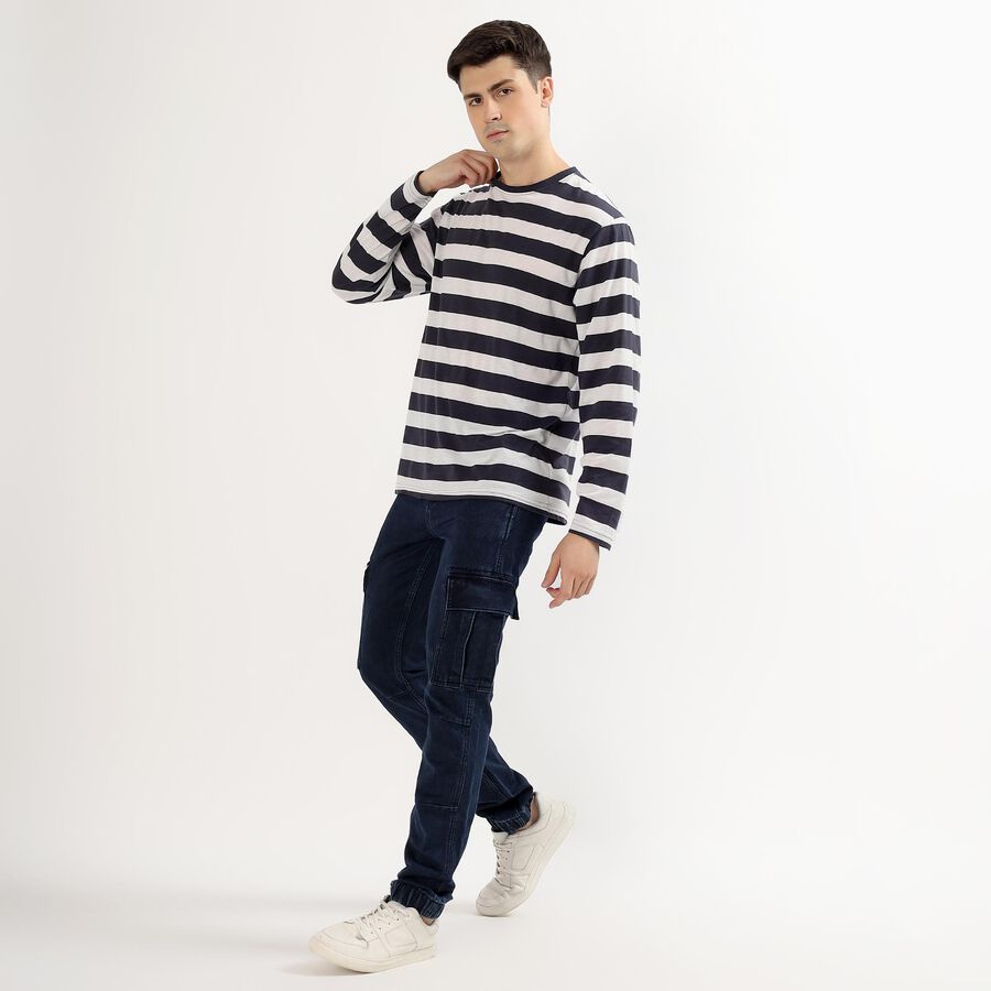 Men's Navy and White Crew Neck Casual T-Shirt, मध्यम नीला, large image number null