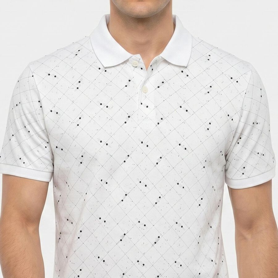 Men's White Cotton Polo Neck Geometric Polo T-Shirt, सफ़ेद, large