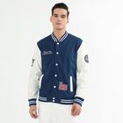 Men's Deep Midnight Navy Blue and Ivory White Striped Collar Varsity Sweatshirt, Mid Blue, small image number null