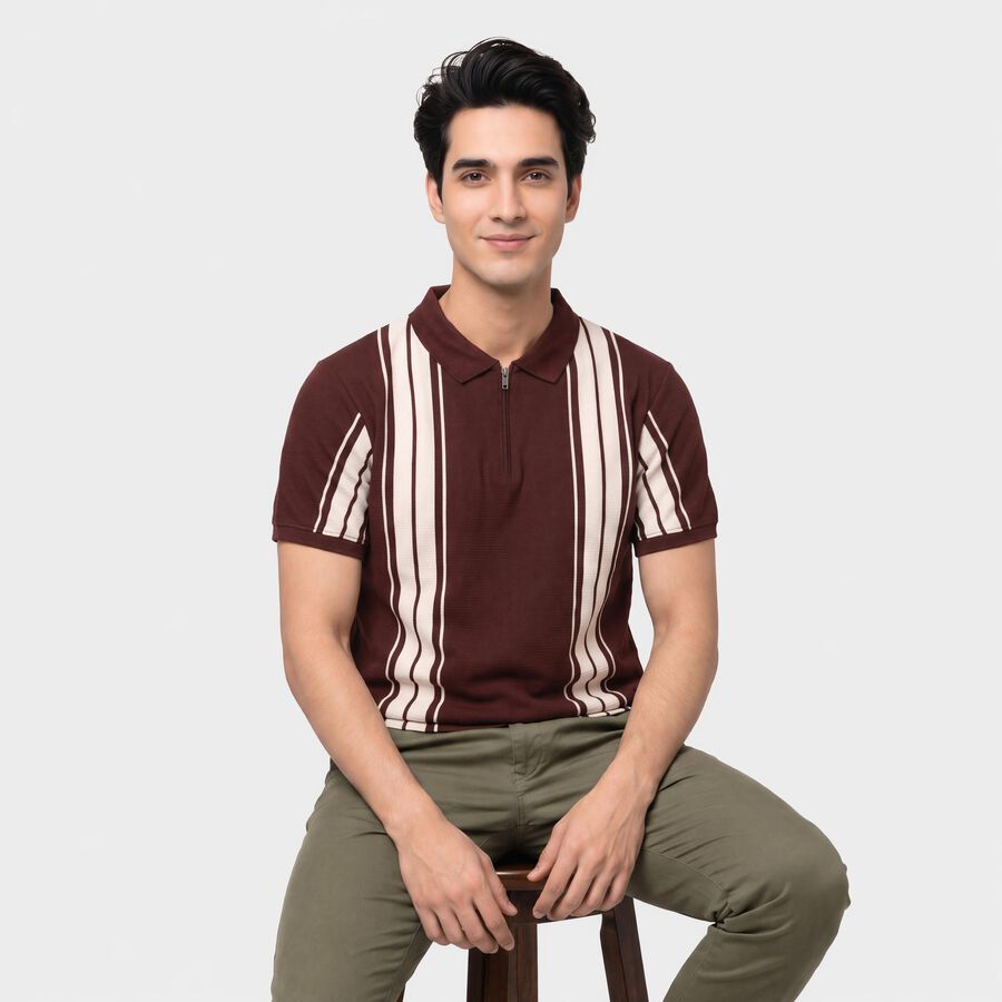 Men's Wine Polo Neck Striped Polo T-Shirt, वाइन, large