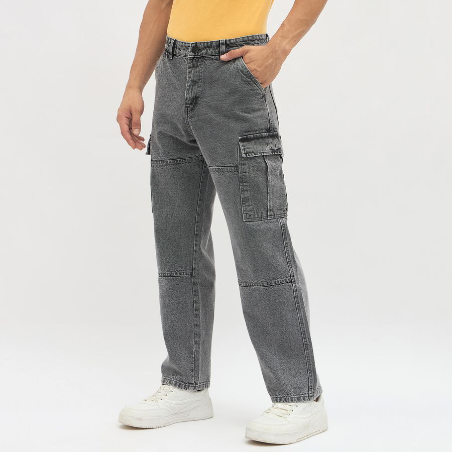 Men's Washed Grey Relaxed Fit Cargo Jeans, हल्का ग्रे, large image number null