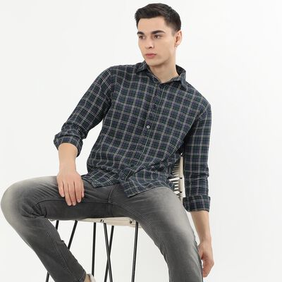 Men's Dark Green Cotton Spread Collar Casual Shirt