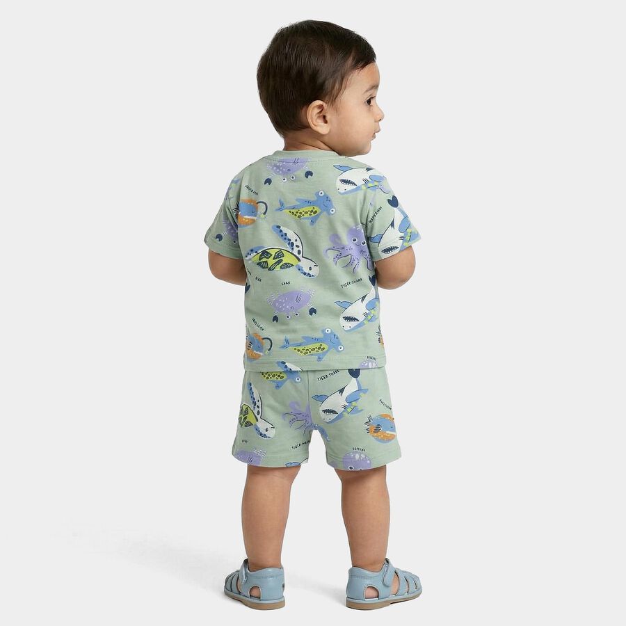 Infants' Light Green Cotton Round Neck Printed Baba Suit, Light Green, large
