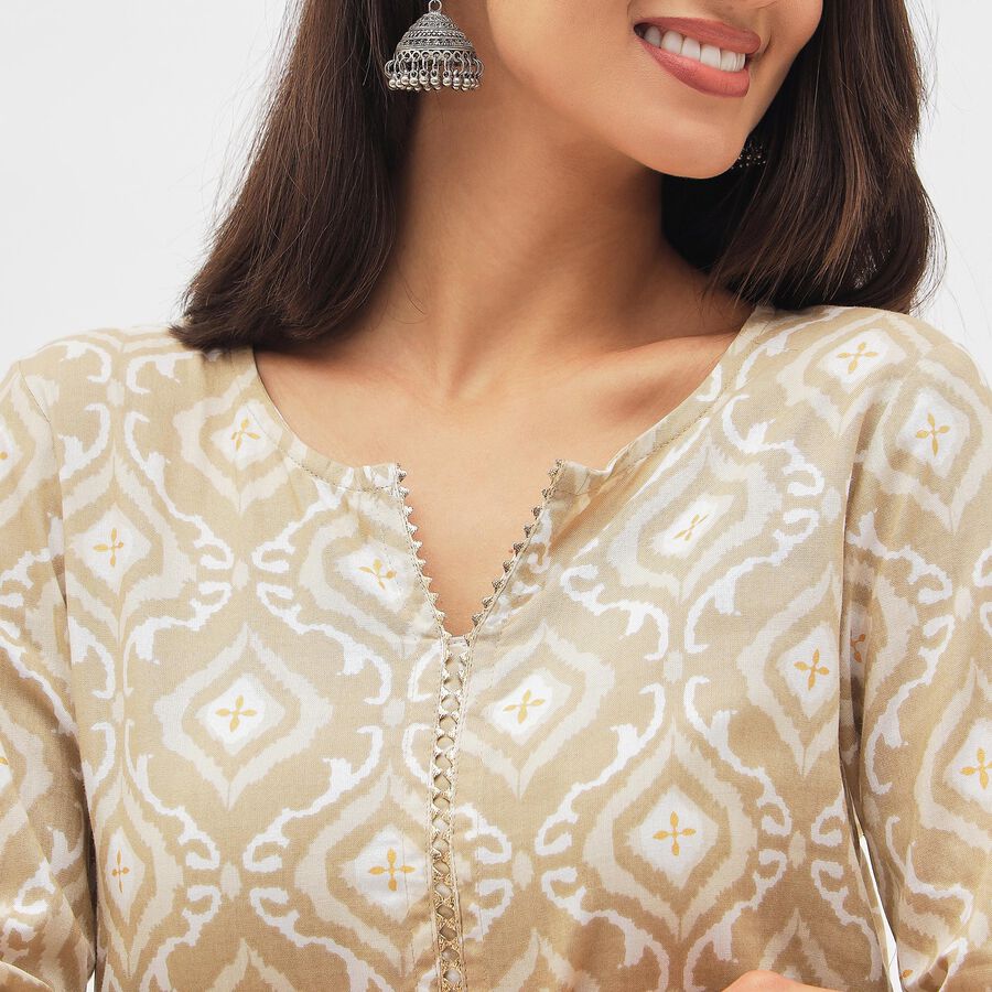 Women's Beige V-Neck Printed Kurta, गहरा पीला, large image number null