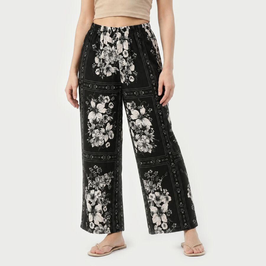Women's Black Straight Fit Floral Printed Pyjama, काला, large