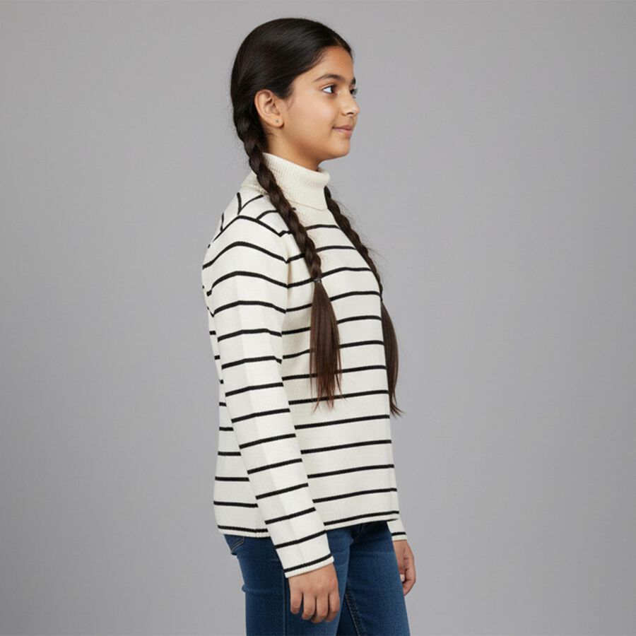 Girls Black and White Turtleneck Striped Pullover, Black, large image number null