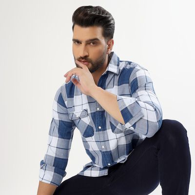 Men's Muted Steel Blue Cotton Spread Collar Casual Shirt