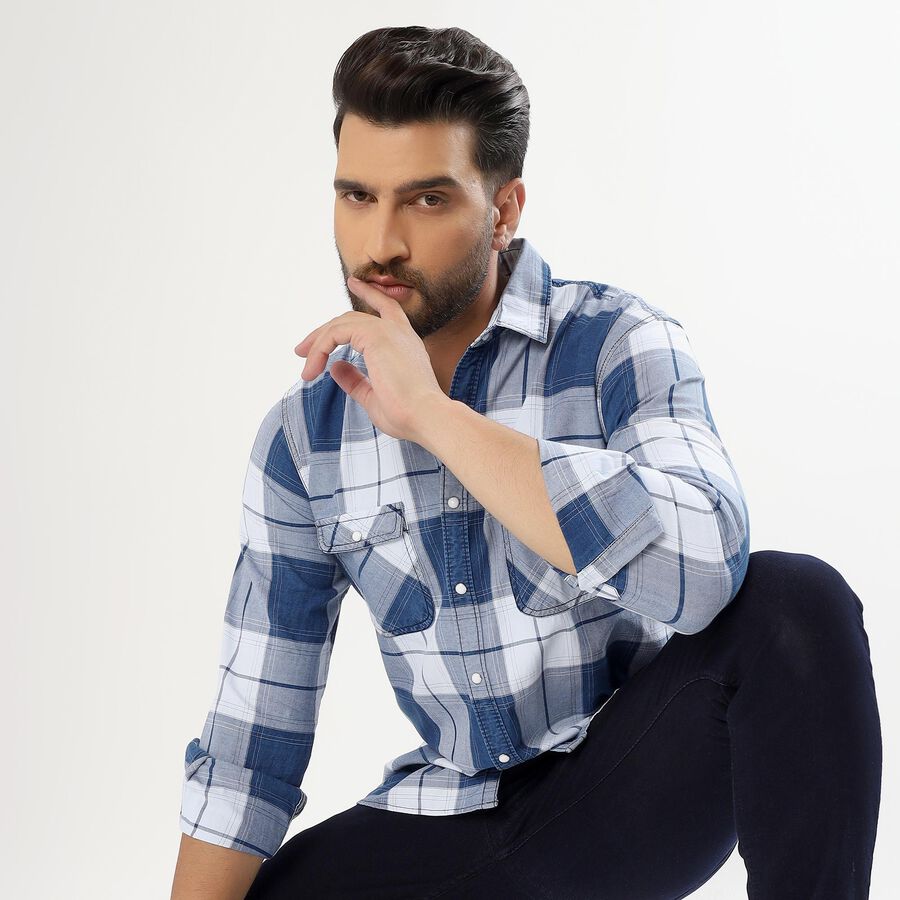 Men's Muted Steel Blue Cotton Spread Collar Casual Shirt, Mid Blue, large image number null