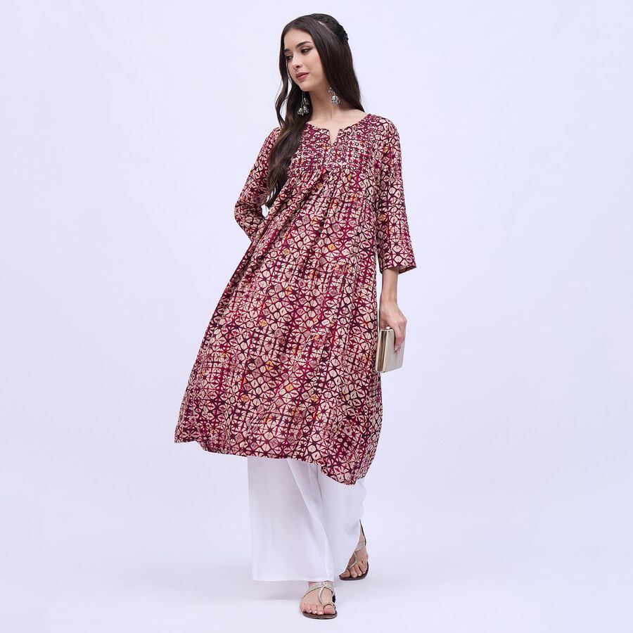 Women's Burgundy Round Neck Printed Kurta, वाइन, large