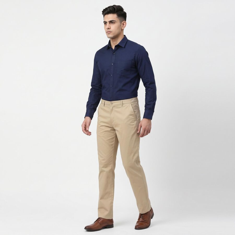 Men's Beige Flat-Front Trousers, गहरा पीला, large