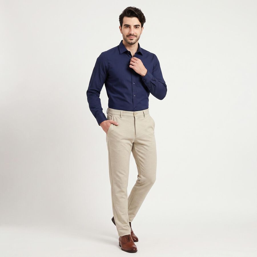 Men's Beige Slim Fit Flat-Front Casual Trousers, गहरा पीला, large