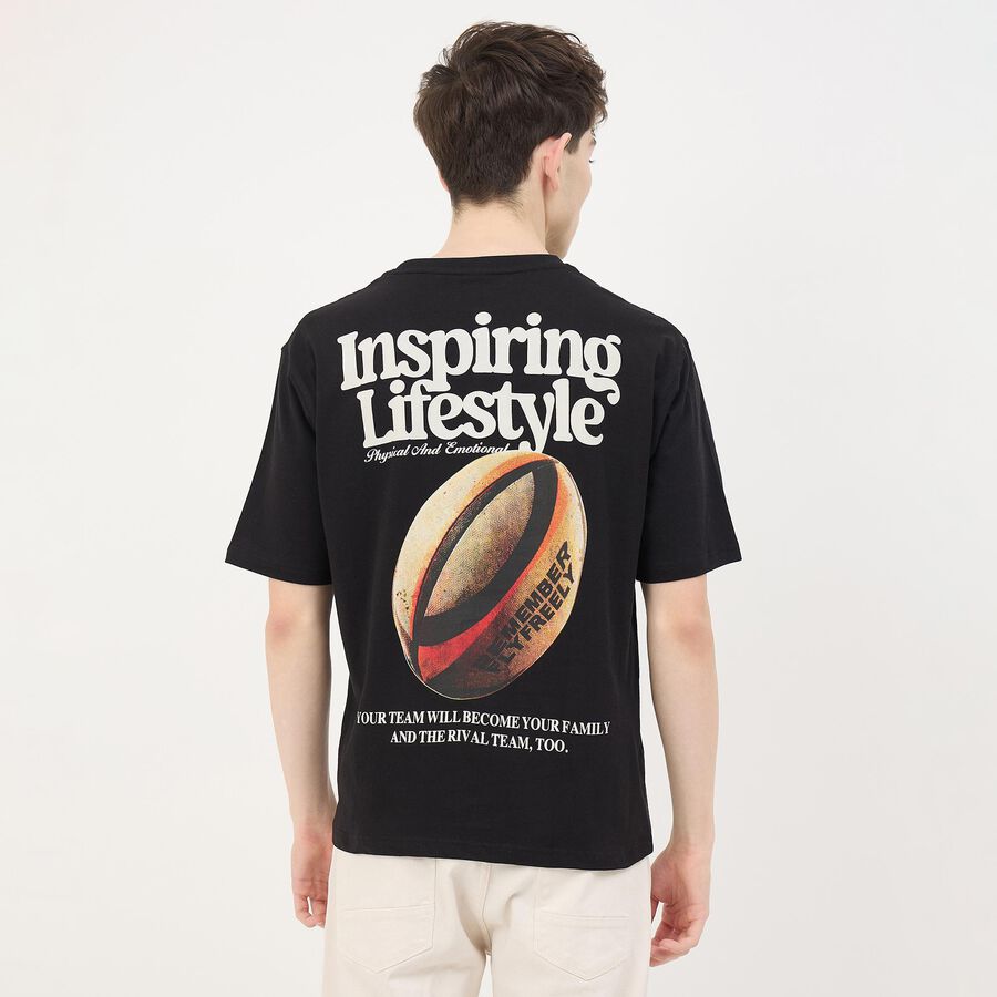 Men's Jet Black Cotton Round Neck Casual T-Shirt, Black, large