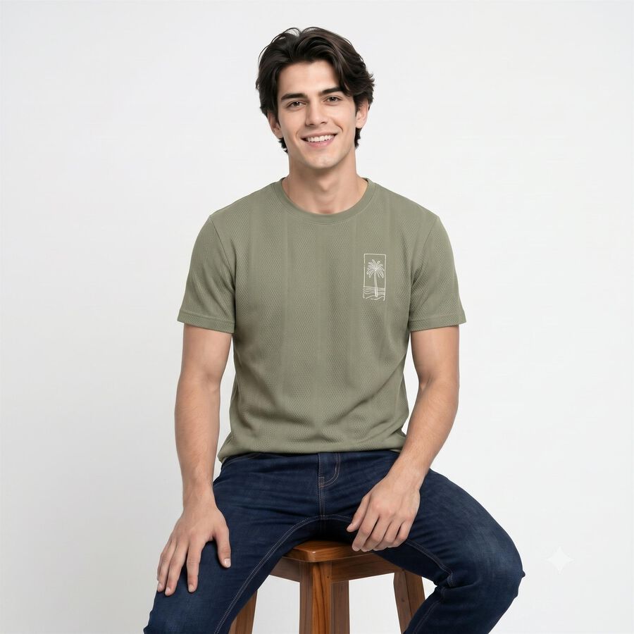 Men's Olive Green Round Neck Regular T-Shirt, हल्का हरा, large