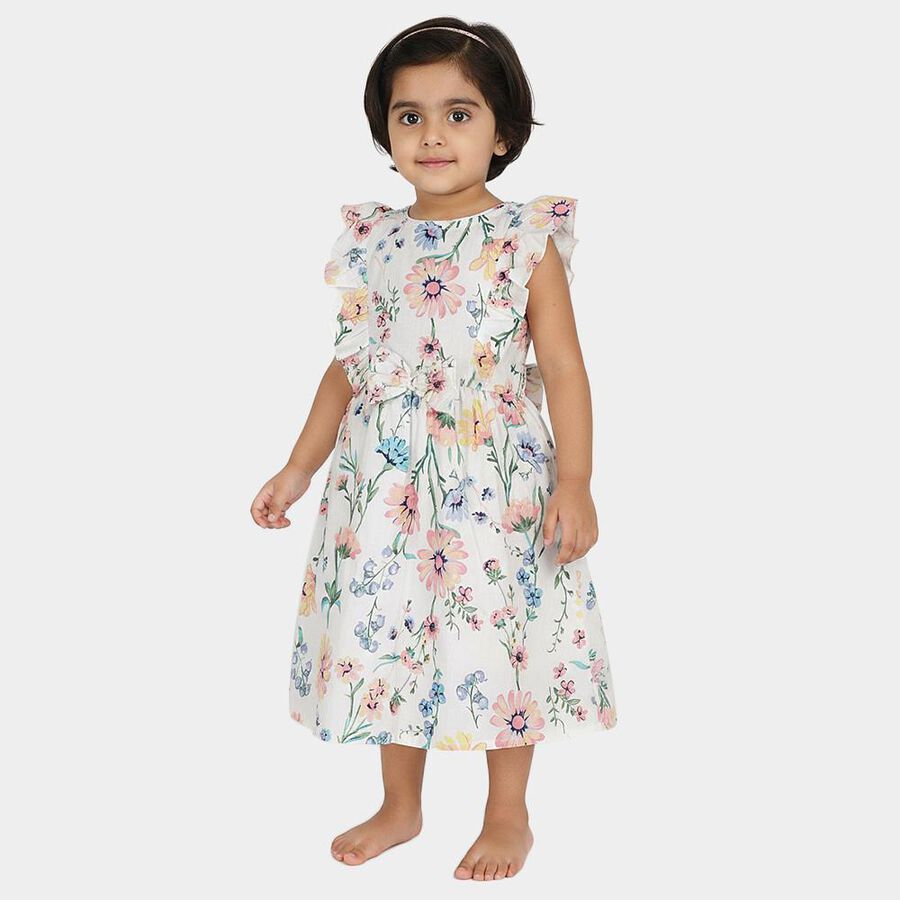 Girls' White Floral Printed Ruffled Frock, Off White, large