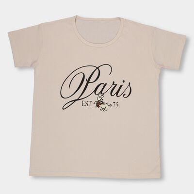 Girls' Light Beige Round Neck Casual Printed T-Shirt