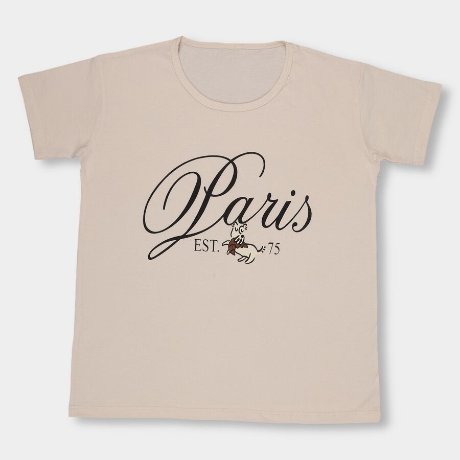 Girls' Light Beige Round Neck Casual Printed T-Shirt, Beige, large image number null