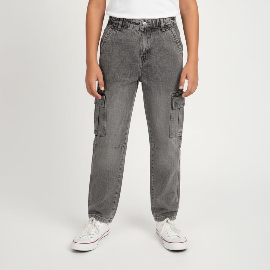 Boys' Washed Grey Relaxed Fit Cargo Jeans, हल्का ग्रे, large image number null