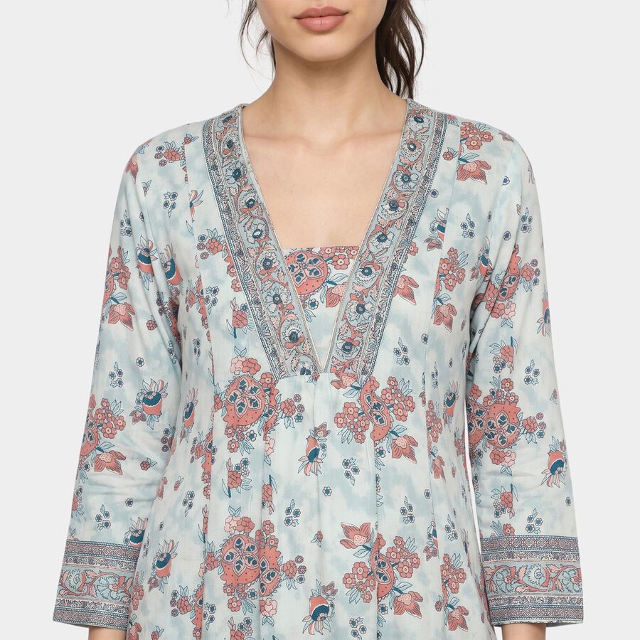 Women's Light Blue V-Neck Floral Printed Kurta, Light Blue, large