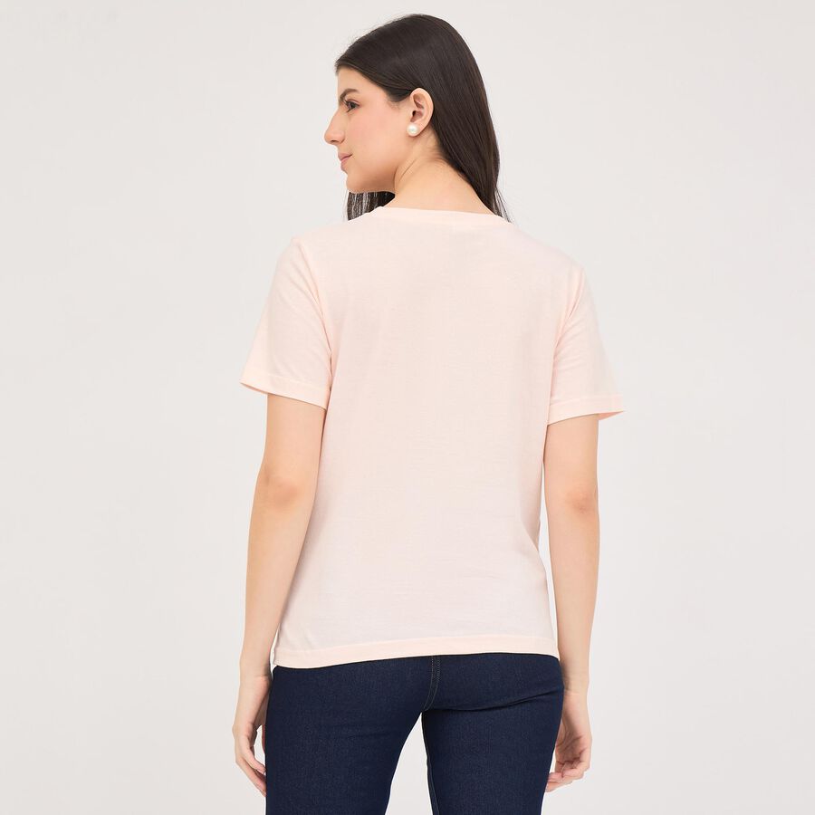 Women's Light Pink Cotton Round Neck Embellished T-Shirt, Light Pink, large