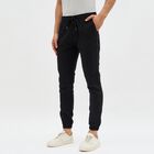 Men's Jet Black Slim Fit Elastic Waist Casual Trousers, Black, small image number null