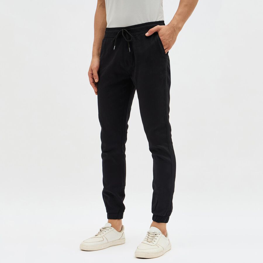 Men's Jet Black Slim Fit Elastic Waist Casual Trousers, Black, large image number null
