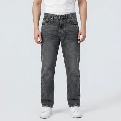 Men's Grey Regular Fit Washed Jeans
