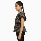 Girls' Jet Black Round Neck Casual Floral Printed T-Shirt, काला, small image number null