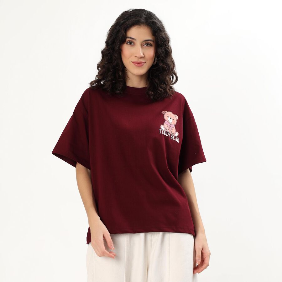 Women's Rich Wine Cotton Round Neck Casual T-Shirt, Wine, large