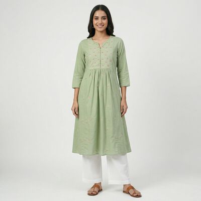 Women's Green Cotton Casual Kurta
