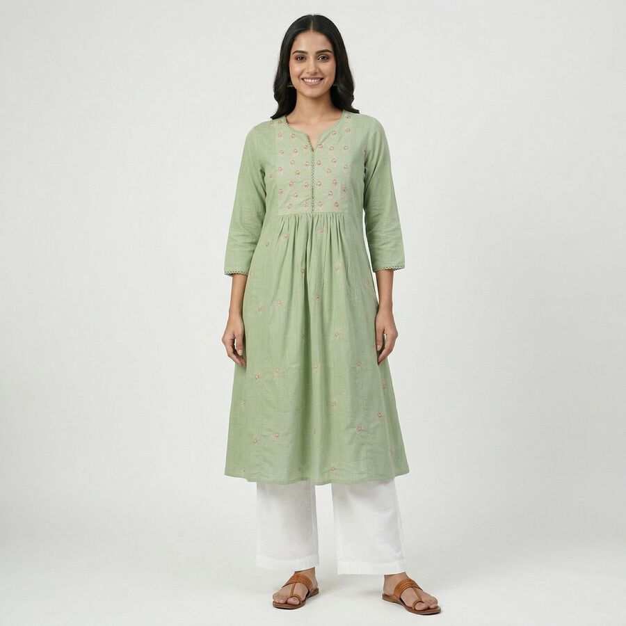 Women's Green Cotton Casual Kurta, Light Green, large