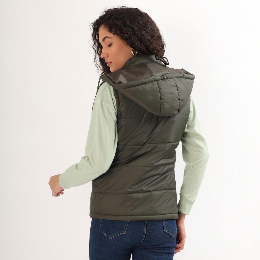 Women's Olive Hooded Sleeveless Puffer Jacket, Olive, large image number null