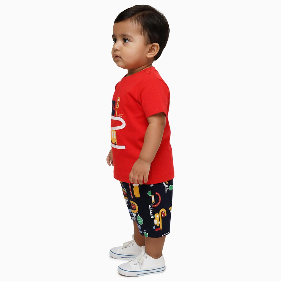 Infants' Red Cotton Round Neck Printed Baba Suit, Red, large