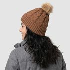 Women's Brown Cable Knit Pom-Pom Beanie Cap, भूरा, small