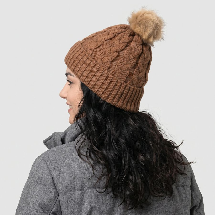 Women's Brown Cable Knit Pom-Pom Beanie Cap, भूरा, large