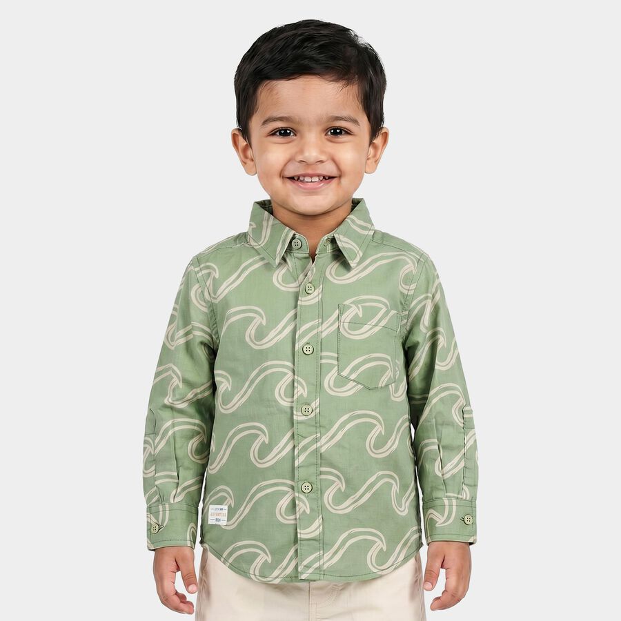 Boys' Dark Grey Cotton Abstract Printed Regular Fit Shirt, गहरा ग्रे, large