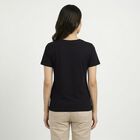 Women's Black Cotton Round Neck Casual T-Shirt, काला, small