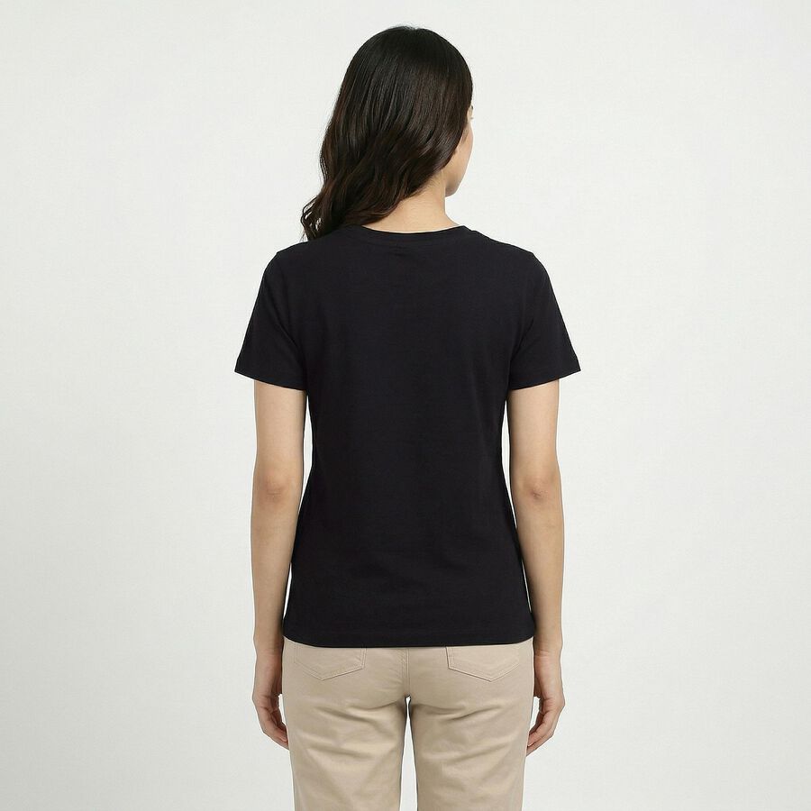 Women's Black Cotton Round Neck Casual T-Shirt, काला, large