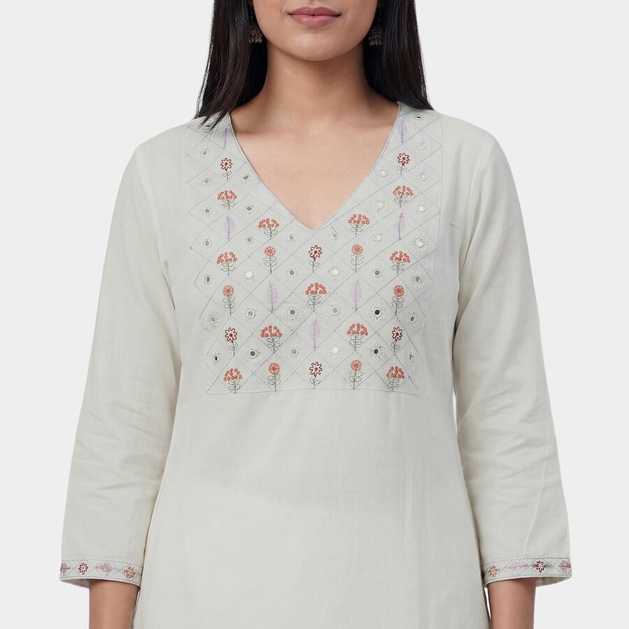 Women's White Round Neck Floral Printed Kurta, Off White, large