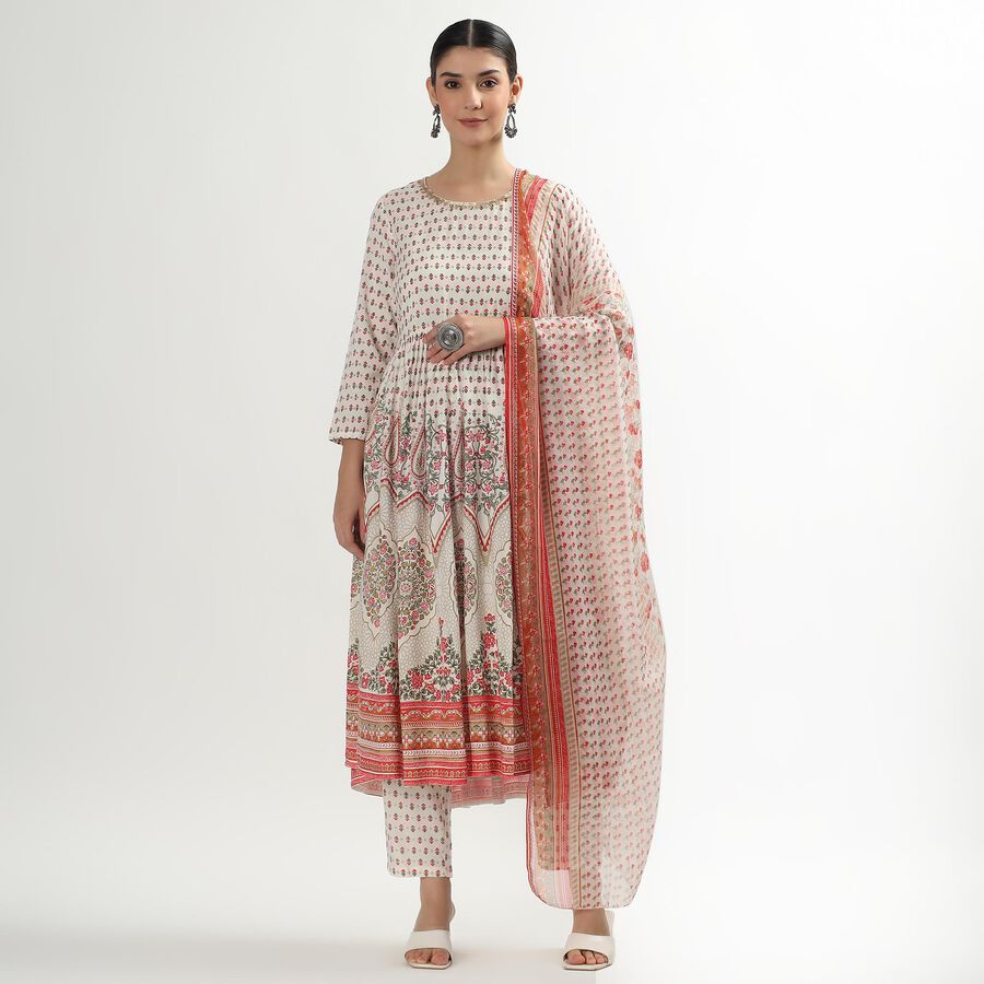 Women's White Floral Printed Ethnic Set, ऑफ व्हाइट, large image number null