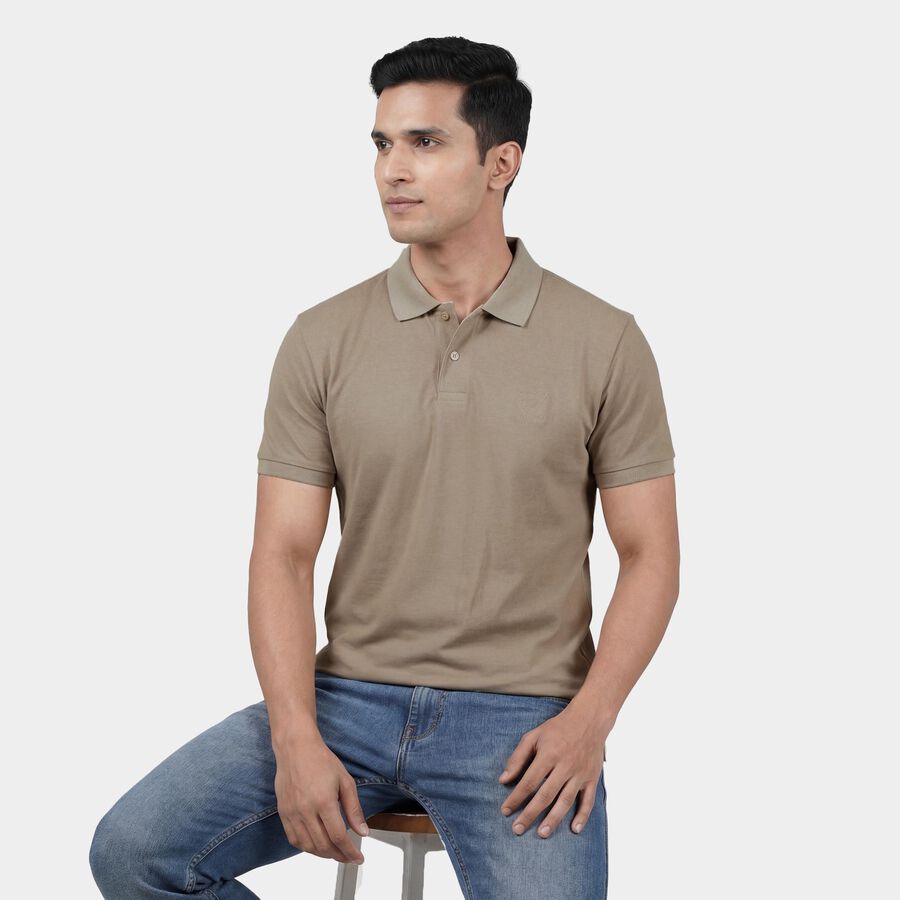 Men's Beige Cotton Polo Neck Classic T-Shirt, Beige, large