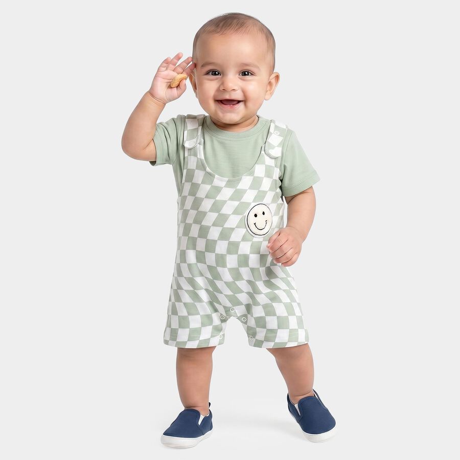 Infants' Mint Green 100% Cotton Round Neck Checked Baba Suit, Light Green, large