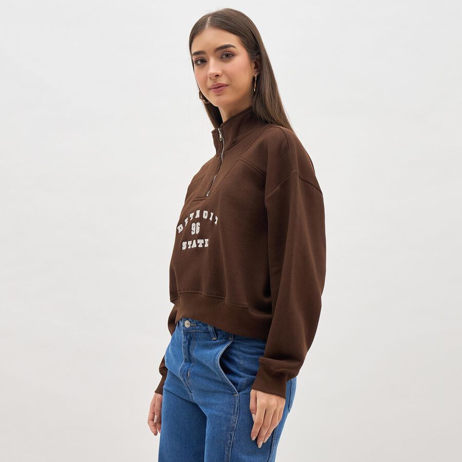 Women's Dark Chocolate Brown Half Zip Casual Sweatshirt, भूरा, large image number null