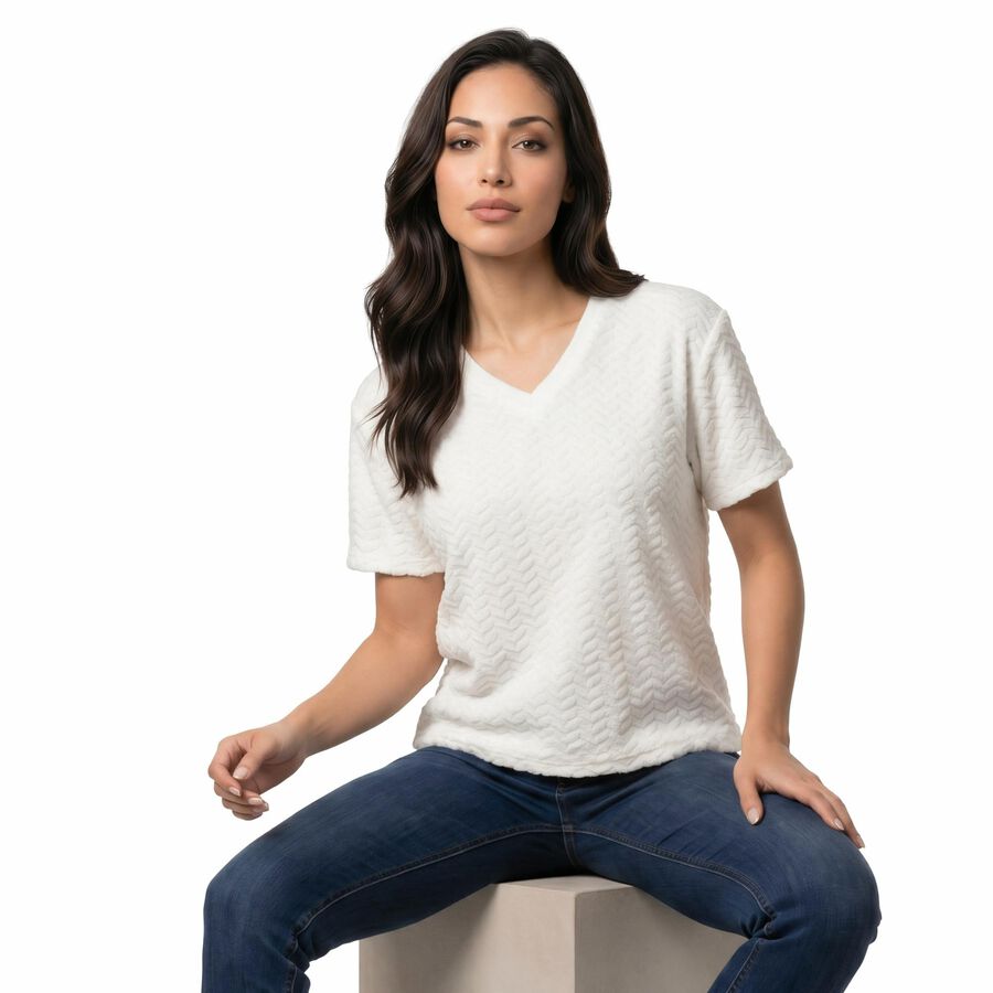 Women's White V-Neck Regular T-Shirt, Off White, large