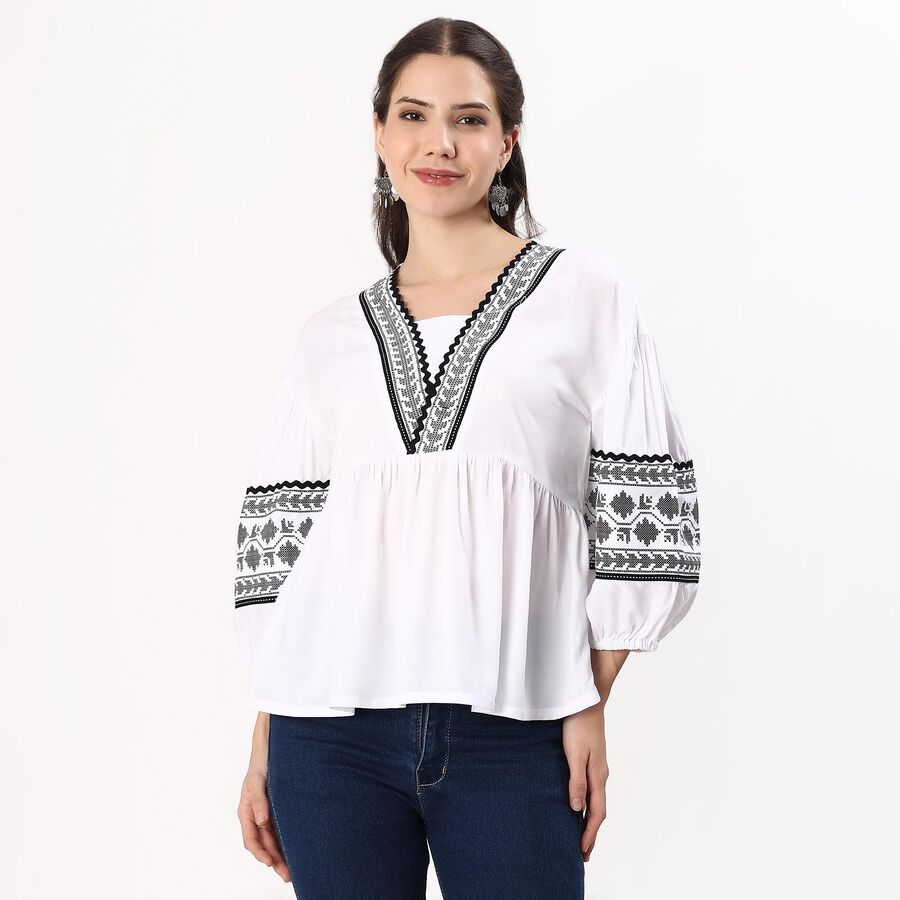 Women's Snow White Embroidered V Neck Bohemian Shirt, White, large