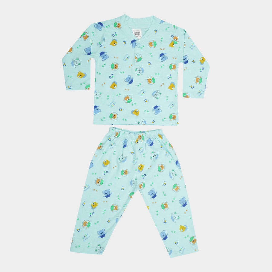 Infants Cotton Printed Night Suit, Aqua, large image number null