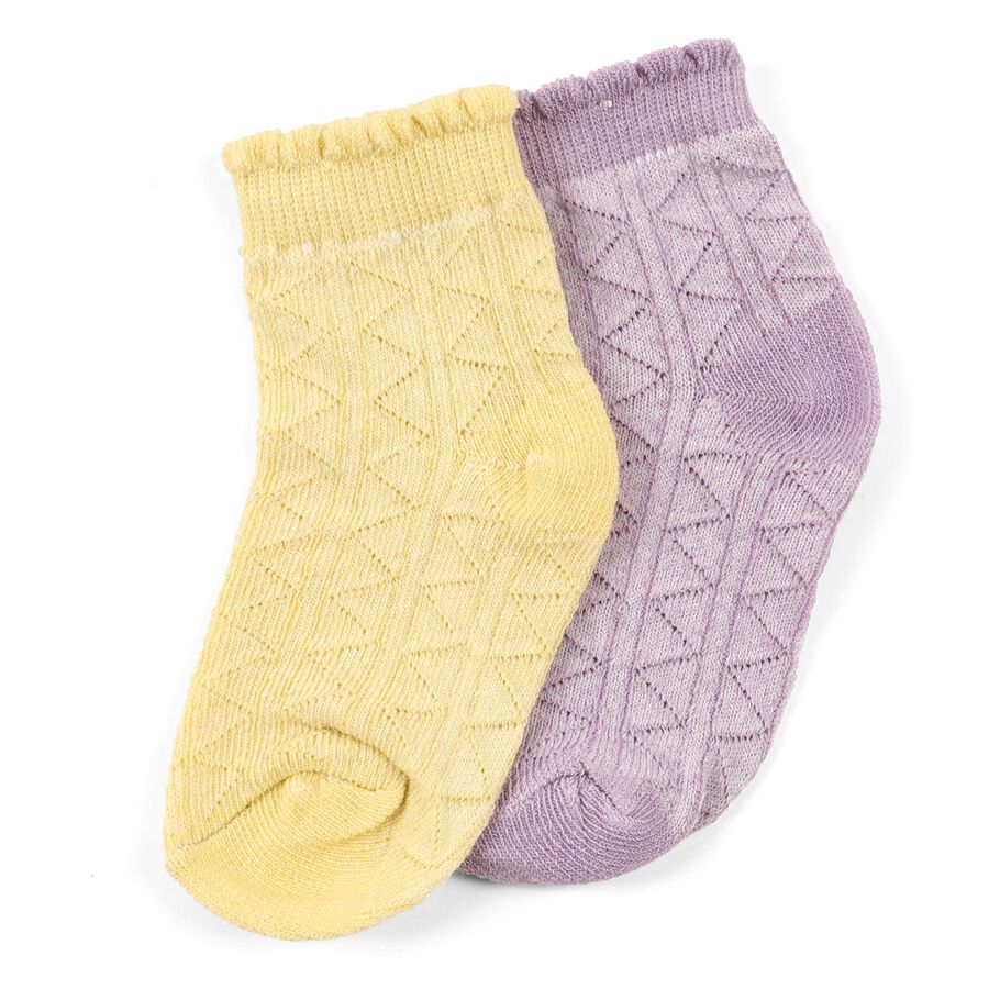 Girls' Soft Lavender Purple and Light Butter Yellow Regular Fit Scalloped Design Pack of 2 Socks, पीला, large