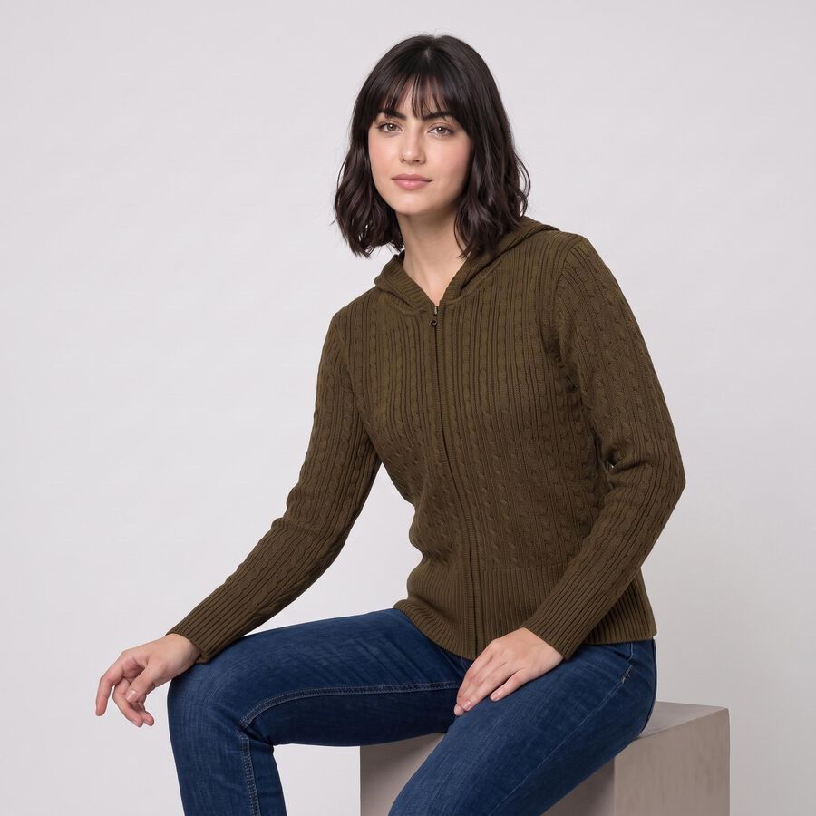 Women's Olive Green Hooded Zip-Up Cardigan, Olive, large