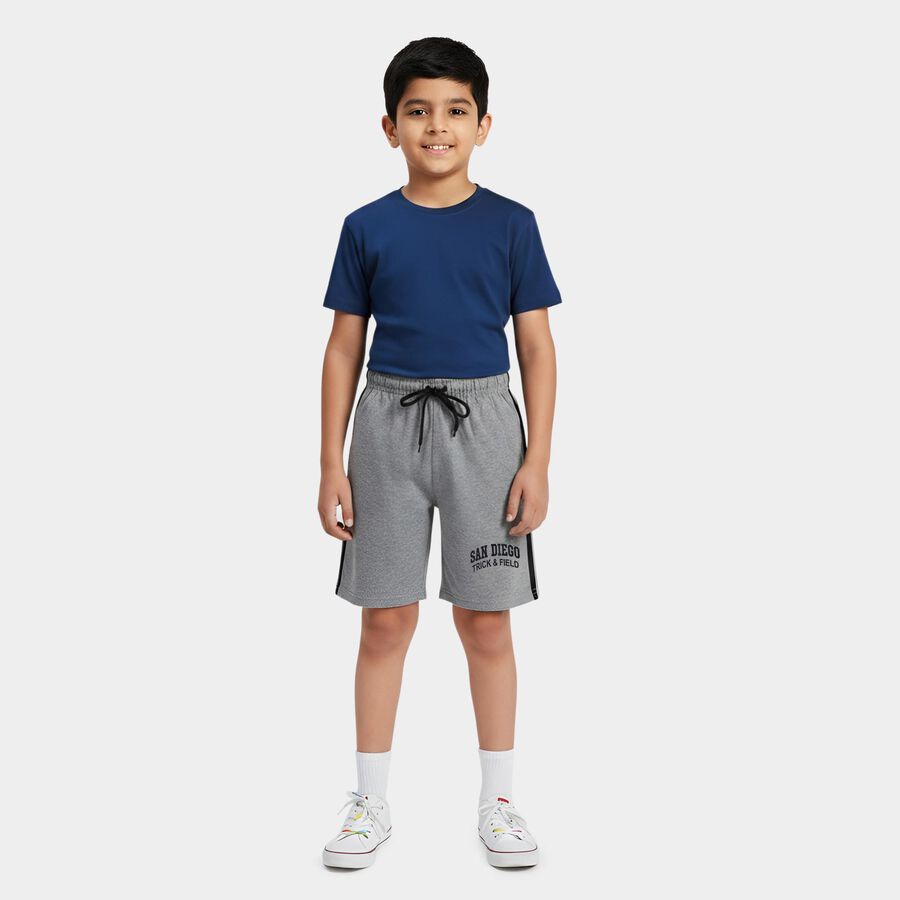 Boys Melange Mid Grey Regular Fit Printed Bermuda Shorts, Melange Mid Grey, large
